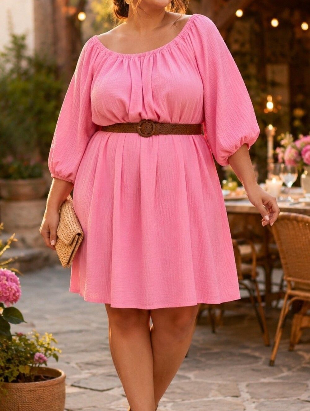 Elizabeth and James XXL Pink Crinkle Puff Sleeve Dress Feminine Date Night